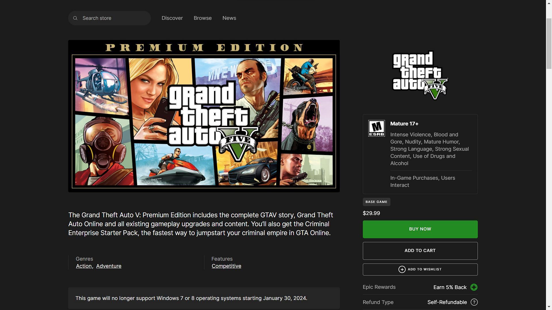 Grand Theft Auto 5&rsquo;s price on Epic Games (Image via Epic Games)