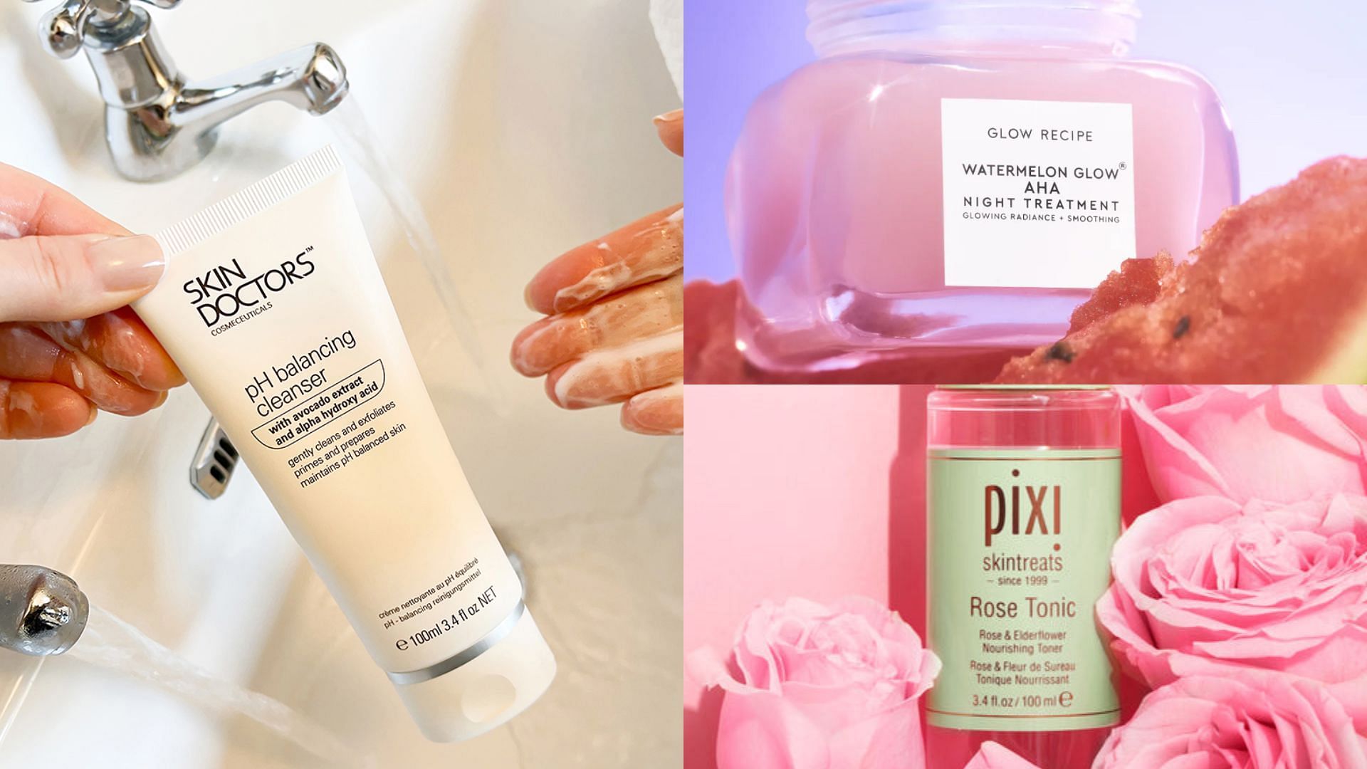 pH-balancing skincare products (Image via Pixi Beauty, Glow Recipe, Skin Doctors)