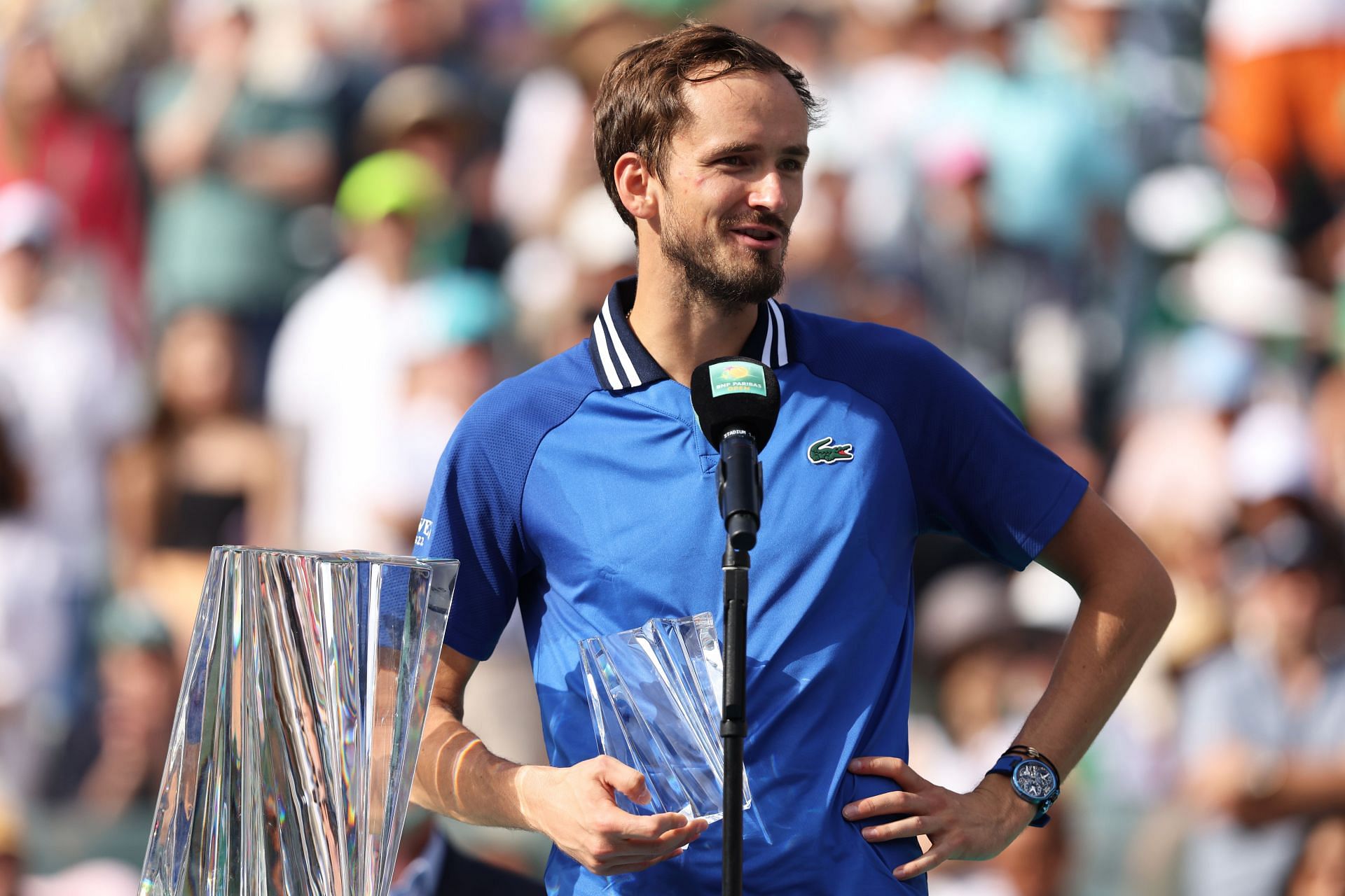 Daniil Medvedev speaks during BNP Paribas Open 2024 trophy ceremony