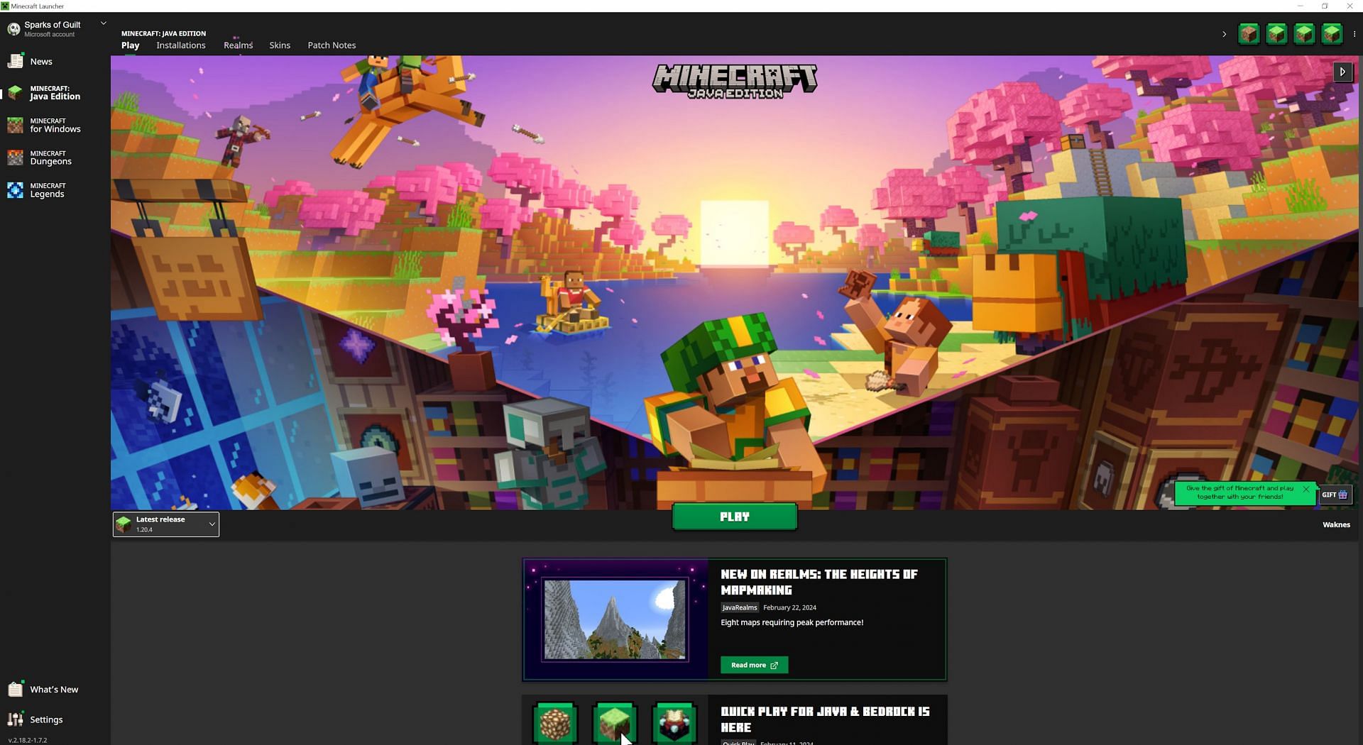 `The Minecraft launcher homepage (Image via Mojang)