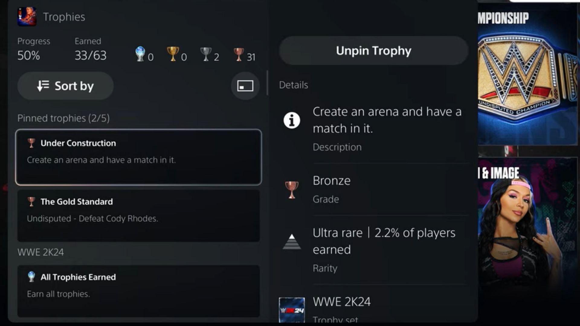 Conditions of the Under Construction trophy in WWE 2K24 (Image via YouTube/ Poru99)