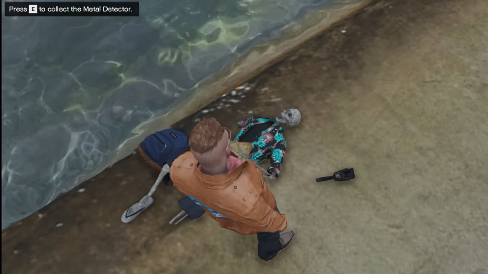 Stand near the skeleton and press the prompted button to collect the metal detector. (Image via YouTube/GTA Series Videos)