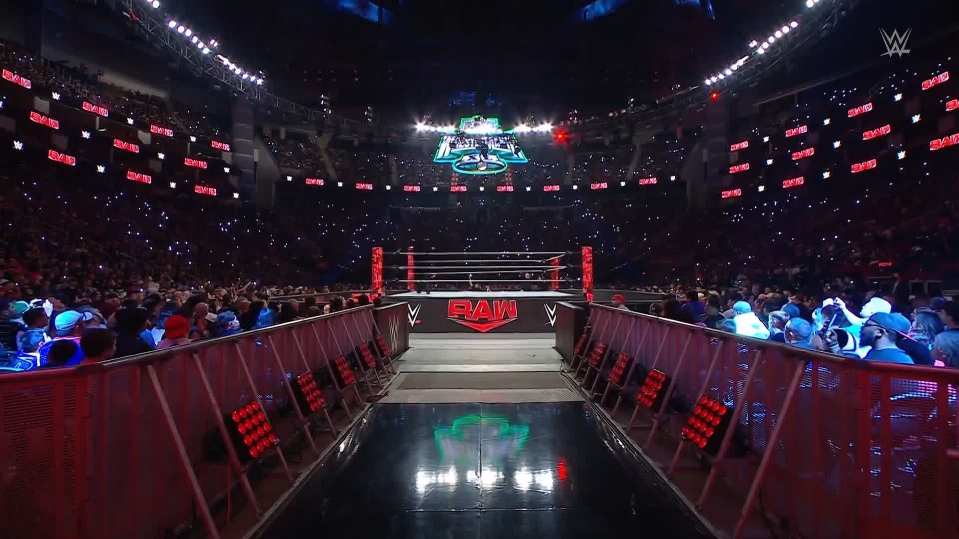 The WrestleMania 40 logo hanging above the WWE RAW ring