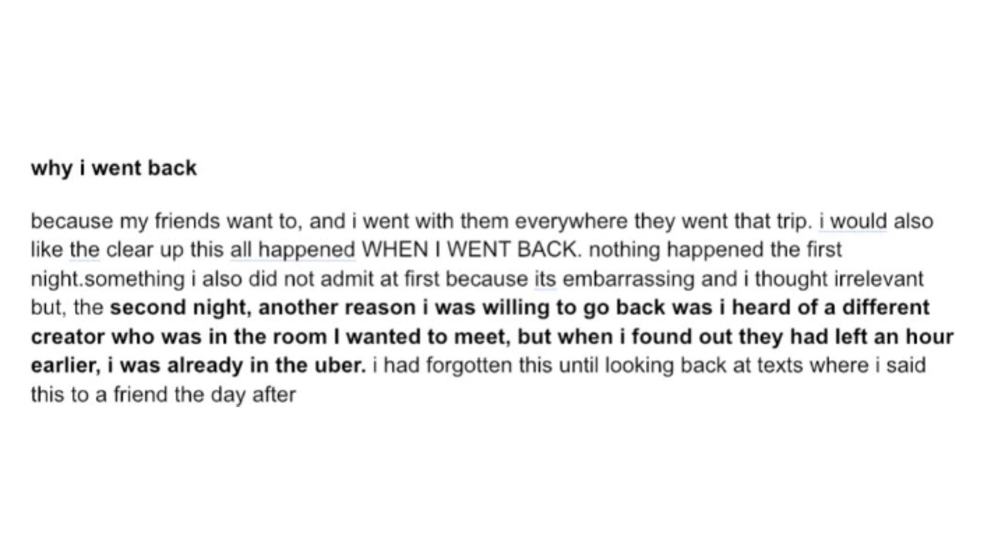 Caiti&#039;s response on why she went back to George&#039;s hotel room on the second night (Image via caitibugzz/X)