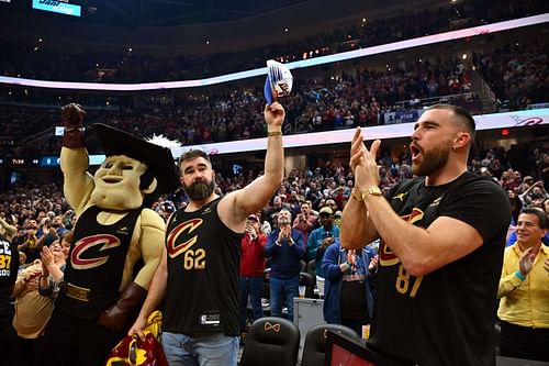 Jason Kelce and Travis Kelce at Boston Celtics vs Cleveland Cavaliers