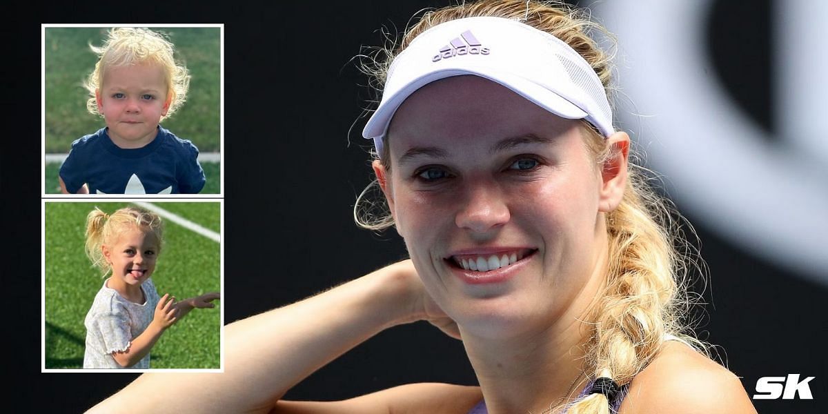 Caroline Wozniacki, her son James (top inset) and daughter Olivia (bottom inset)