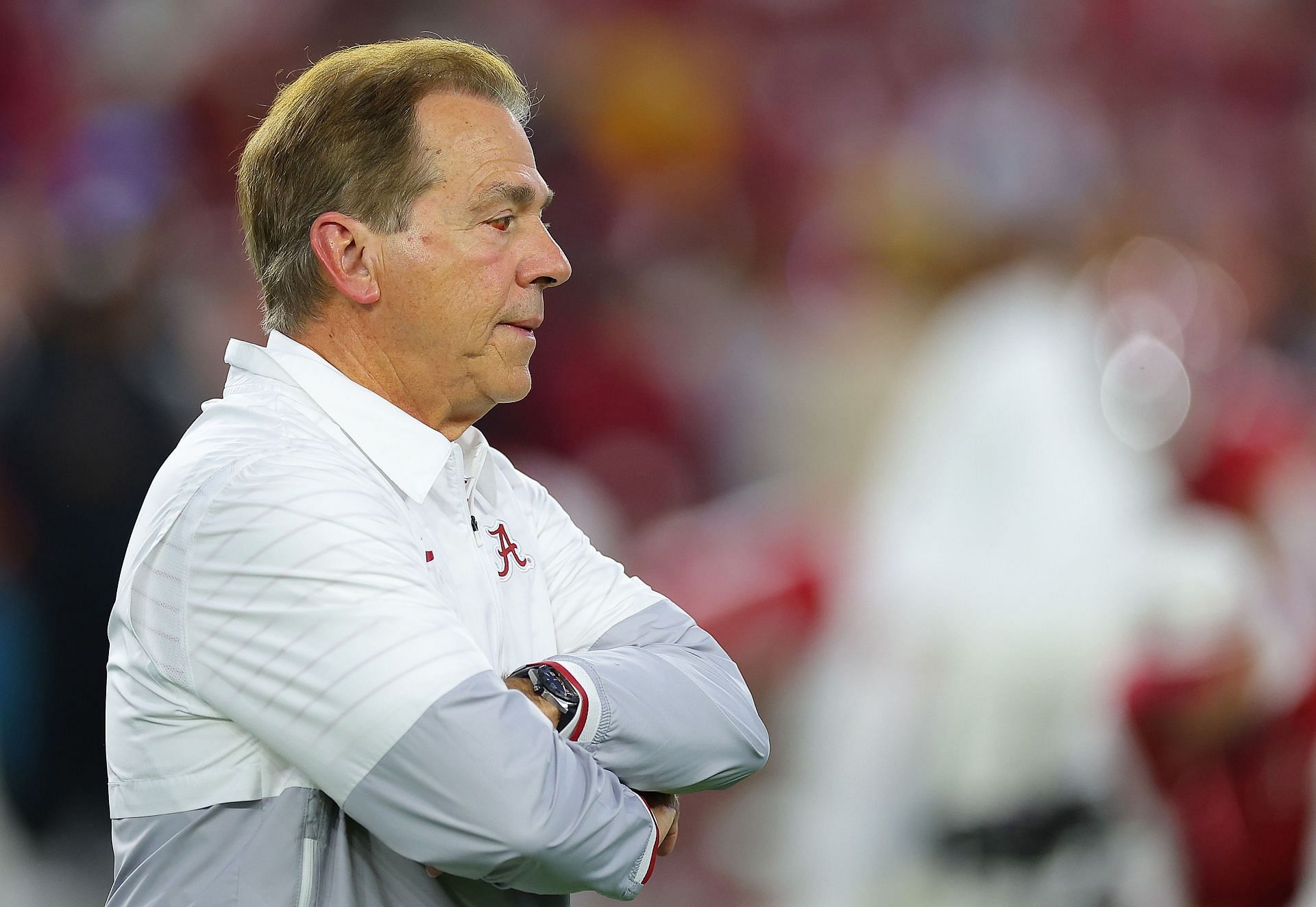 Tuscaloosa, Alabama, November 4, 2023: Head coach Nick Saban of the Alabama Crimson Tide looks on during pregame warmups prior to facing the LSU Tigers at Bryant-Denny Stadium in Tuscaloosa, Alabama. (Photo by Kevin C. Cox/Getty Images)