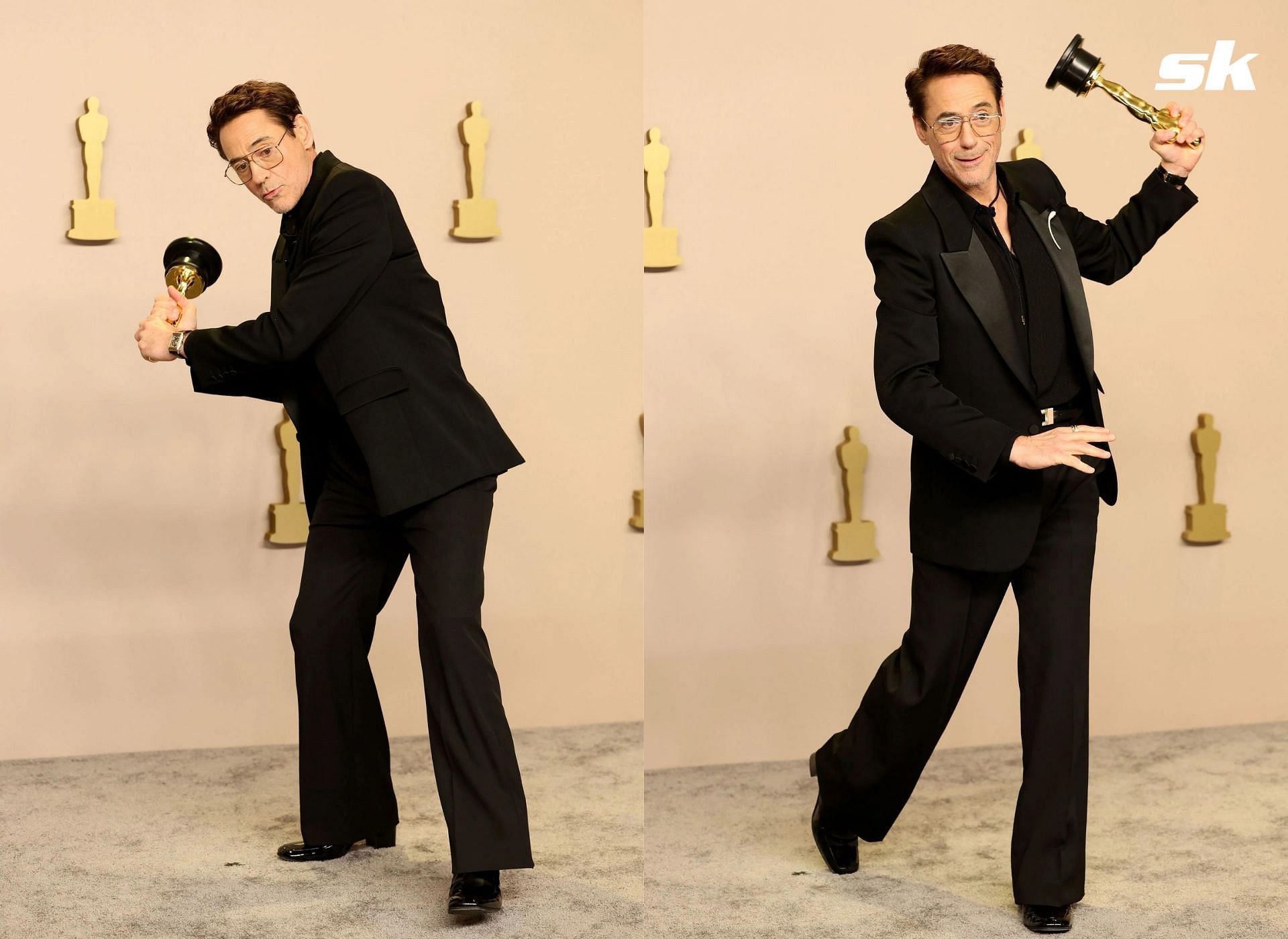 Robert Downey Jr. using his Oscar as a baseball bat