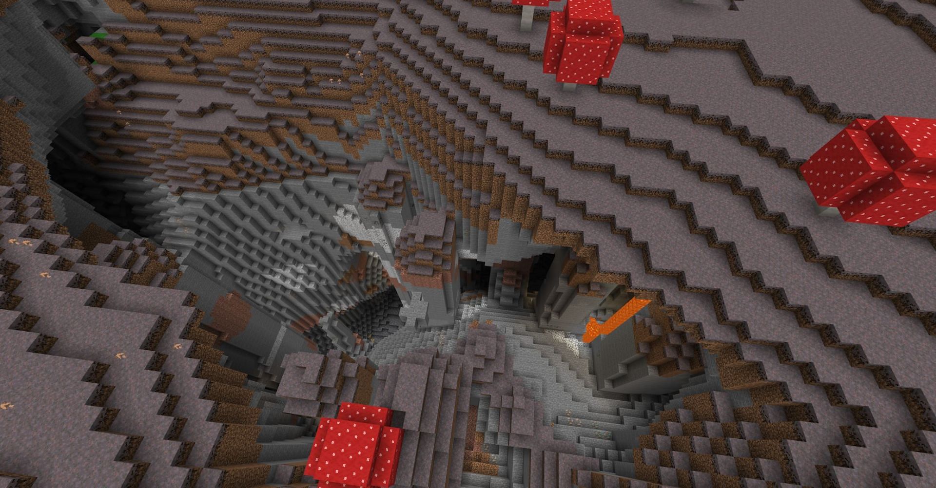 A large exposed cave found on the mushroom island near spawn (Image via Mojang)