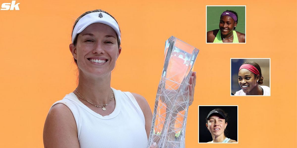 A horde of players congratulate Danielle Collins on her Miami title