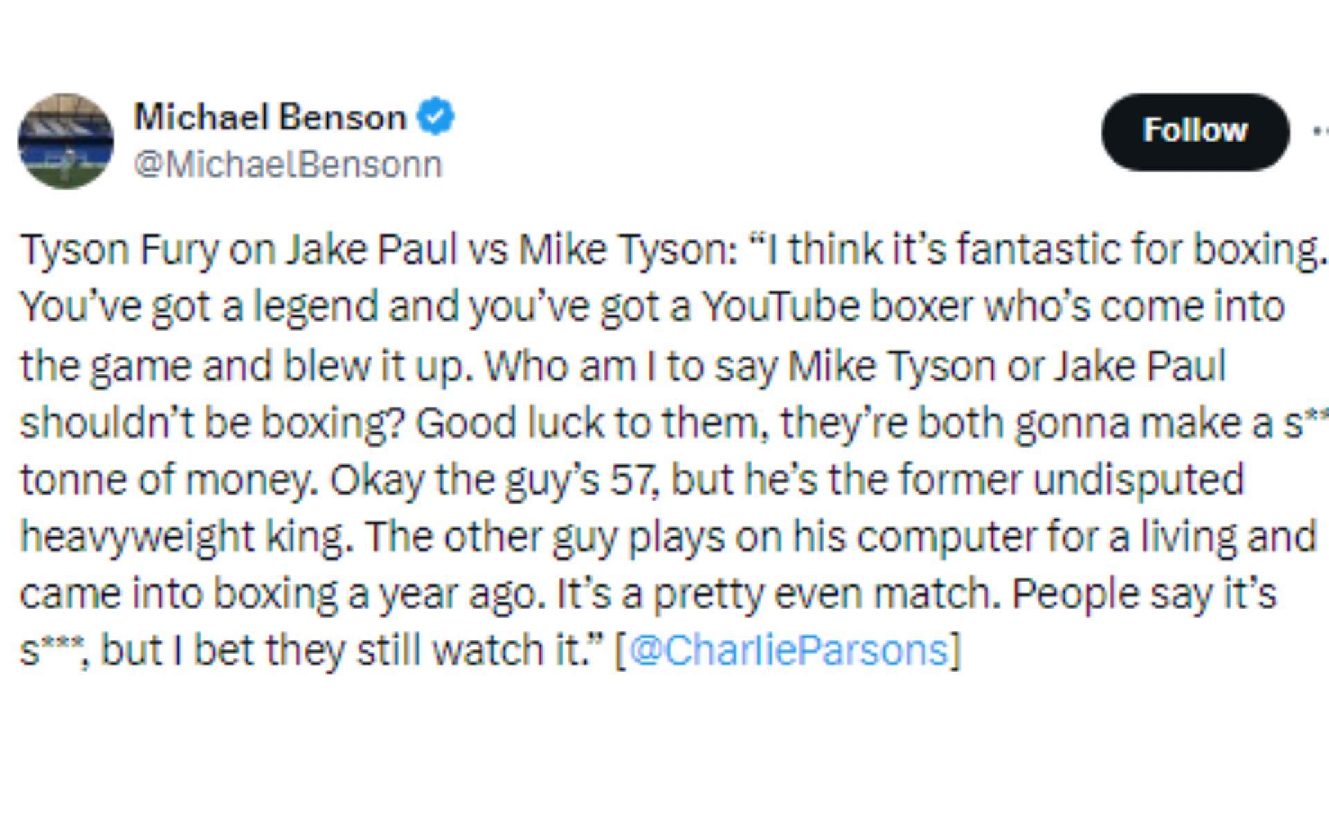 Tweet regarding Fury&#039;s comments about Paul vs. Tyson [Image courtesy: @MichaelBensonn - X]