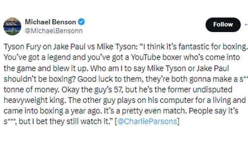 Tweet regarding Fury's comments about Paul vs. Tyson [Image courtesy: @MichaelBensonn - X]