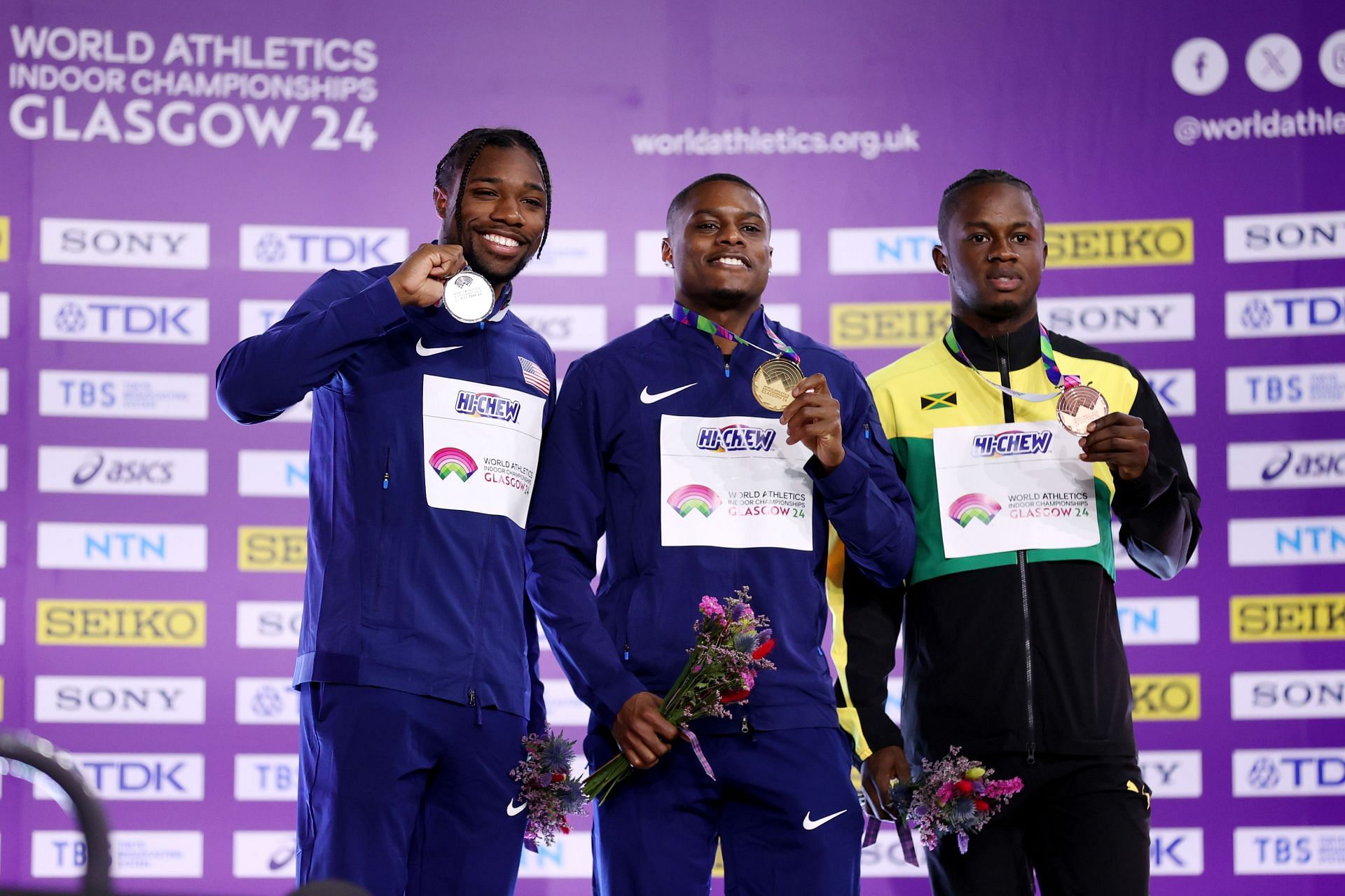 Noah Lyles, Christian Coleman, and Ackeem Blake at World Athletics Indoor Championships Glasgow 2024