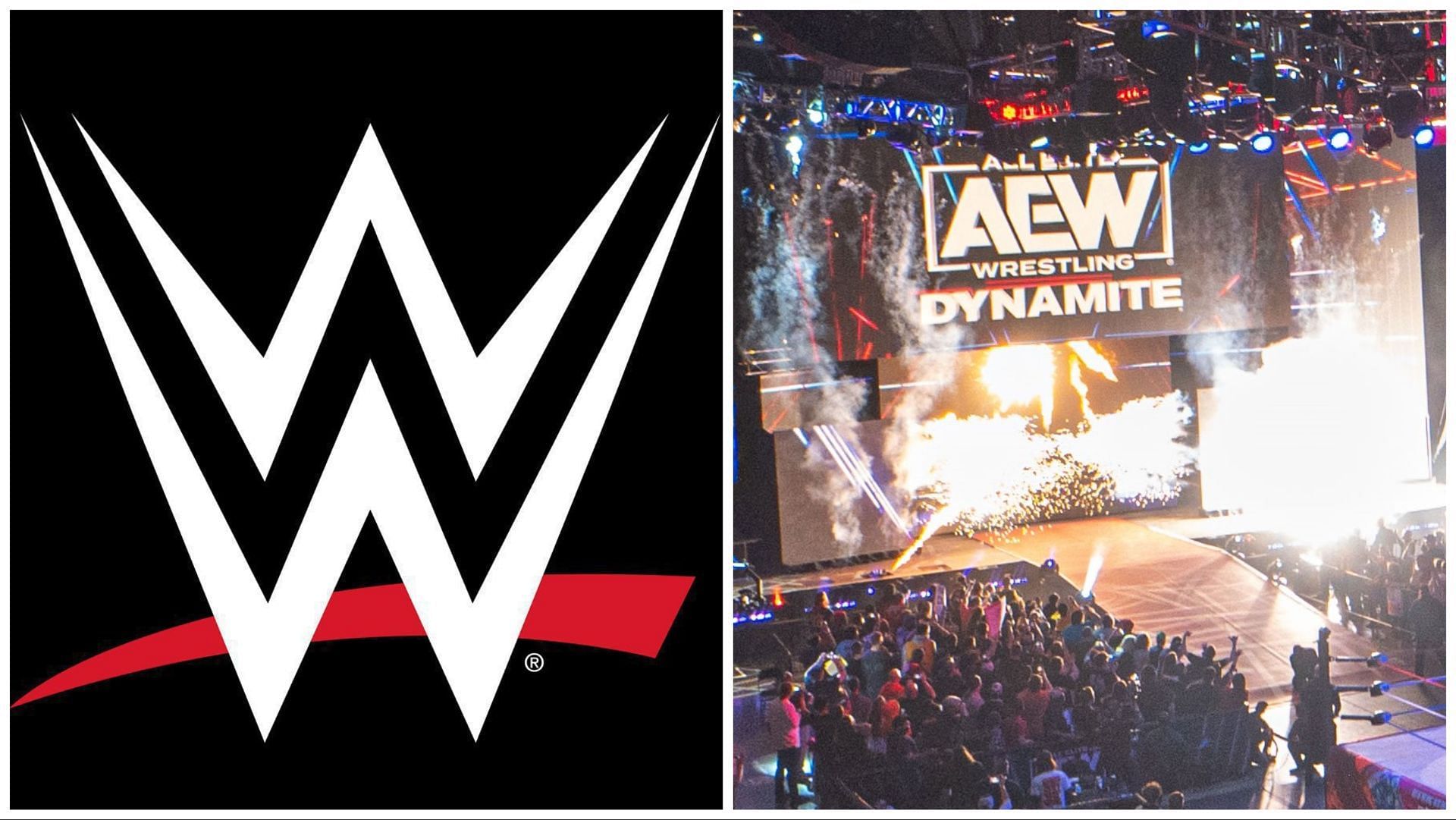 The official WWE logo, AEW fans pack arena for a live Dynamite