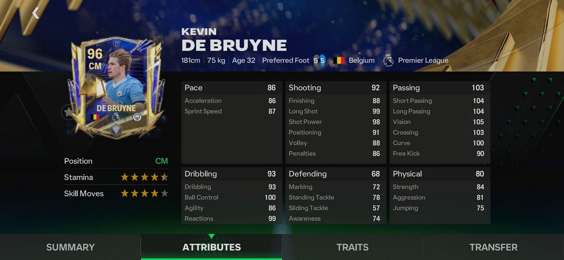 Kevin De Bruyne's UTOTY card is a monster in the game and one of the best FC Mobile central midfielders (Image via EA Sports)