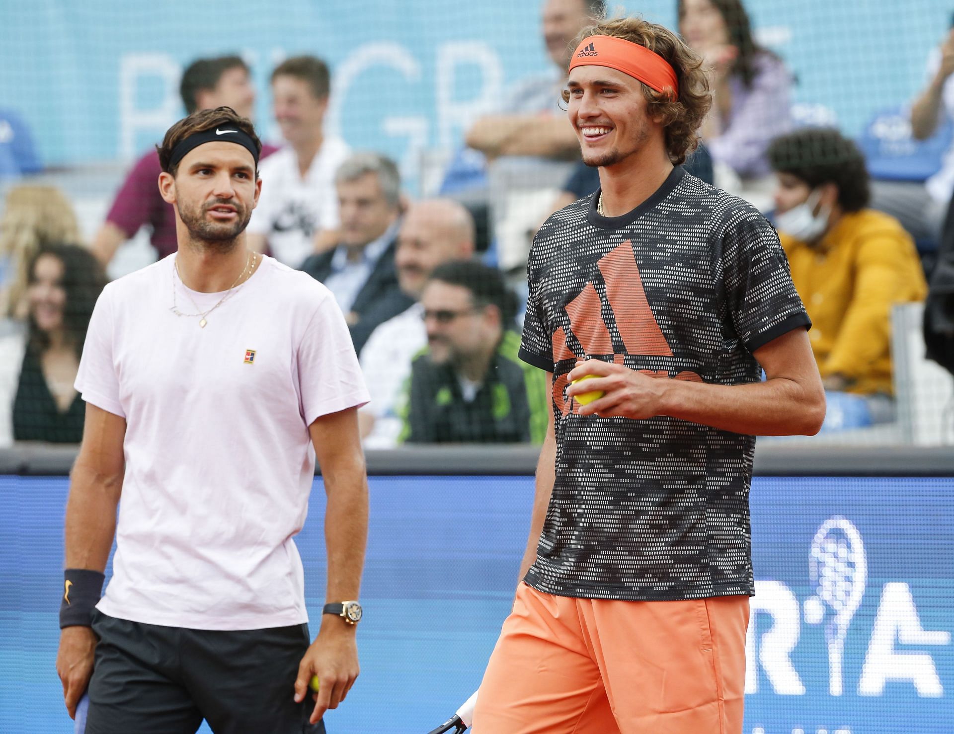 Grigor Dimitrov (L) and Alexander Zverev (R) at the Adria Tour Tennis charity event hosted by Novak Djokovic in 2020