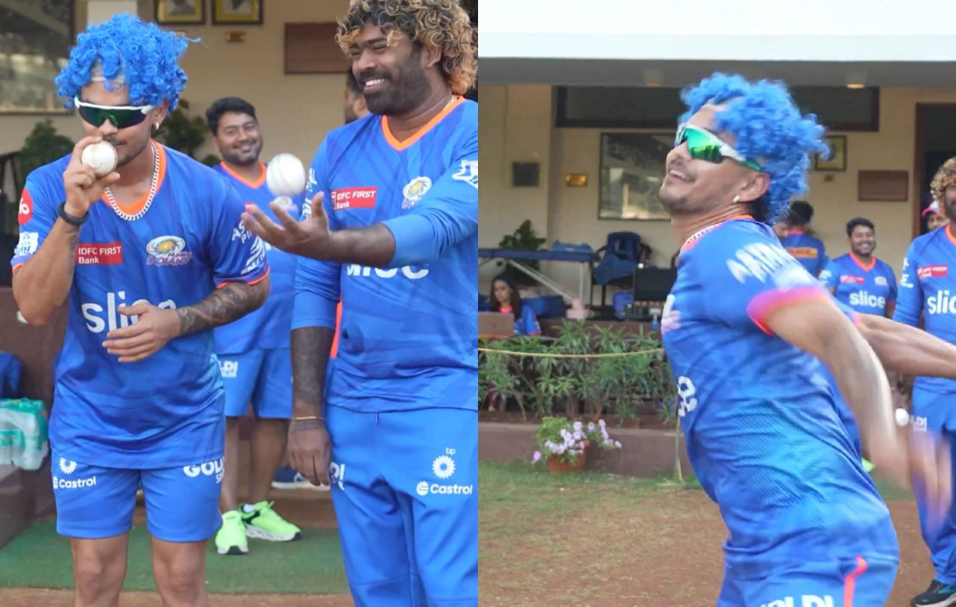Ishan Kishan having a light moment with Lasith Malinga in a practice session. 