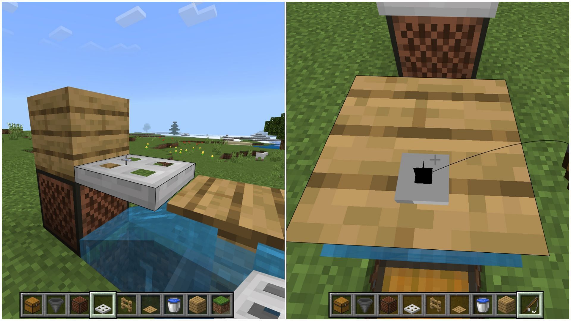 Place note block with an iron trapdoor to finish the AFK fish farm (Image via Mojang Studios)