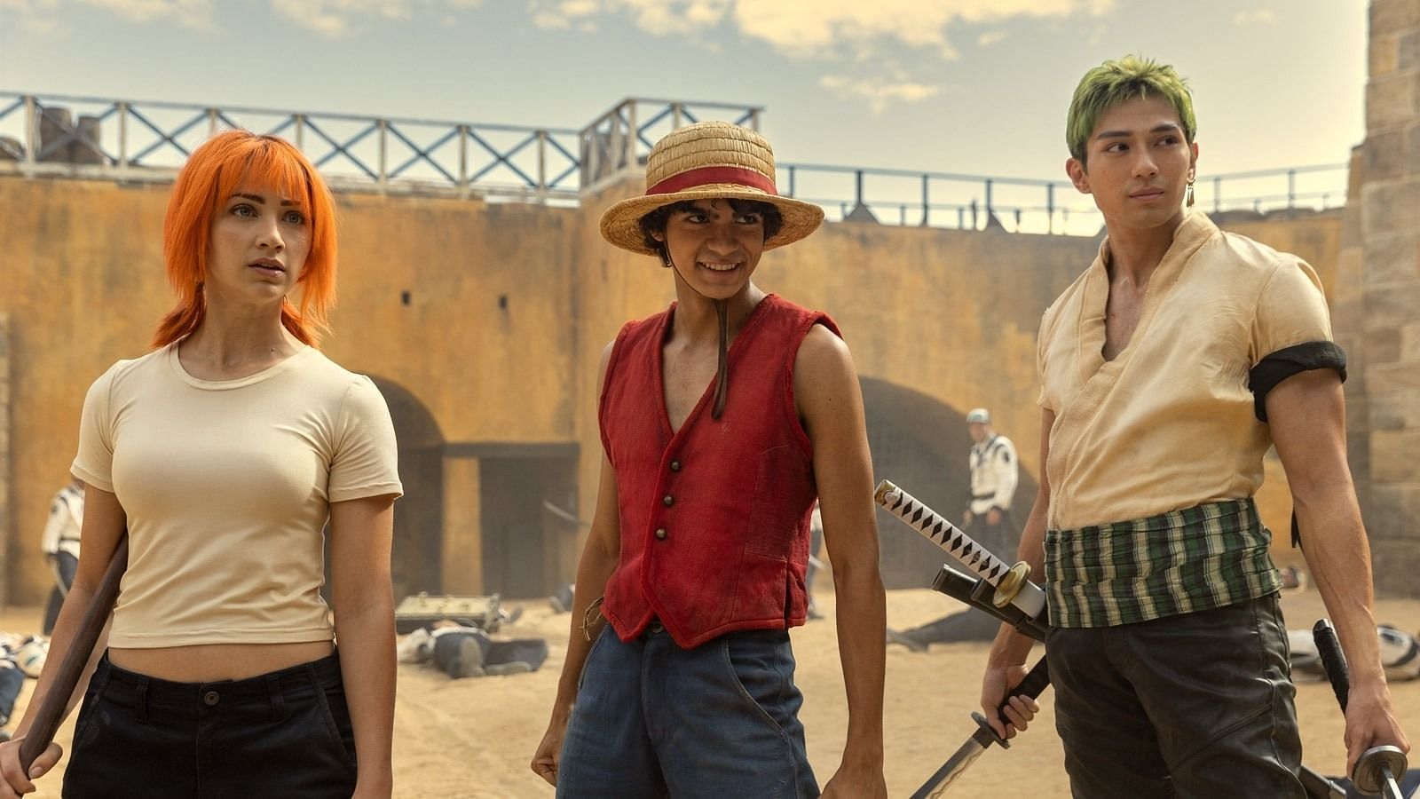 Nami, Luffy, and Zoro as seen in One Piece Live-Action (Image via Netflix)