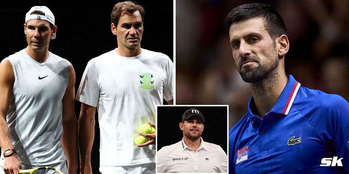 Rafael Nadal with Roger Federer (L); Novak Djokovic; Andy Roddick (inset)