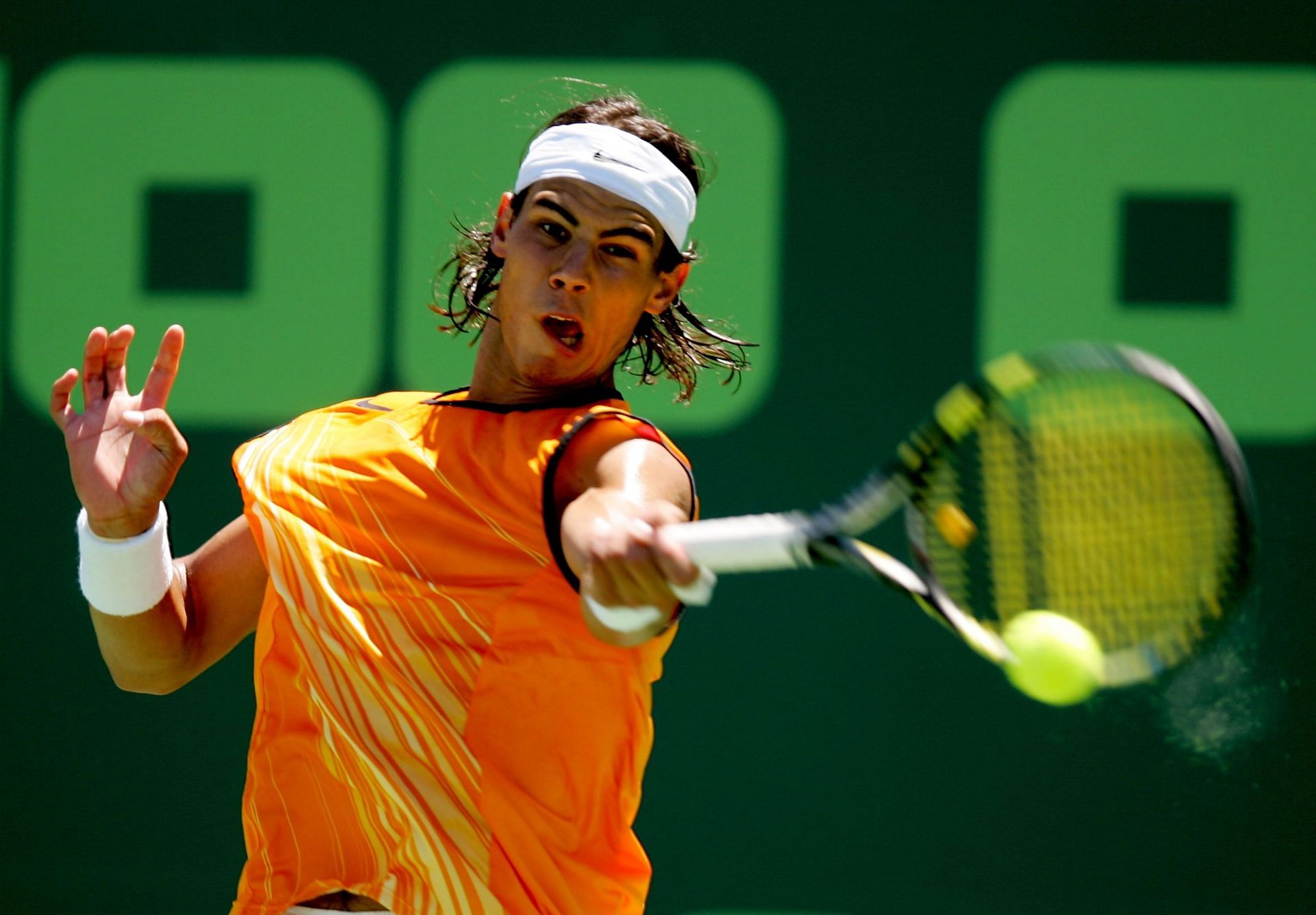 Rafael Nadal hits a forehand during Miami Open 2005 final