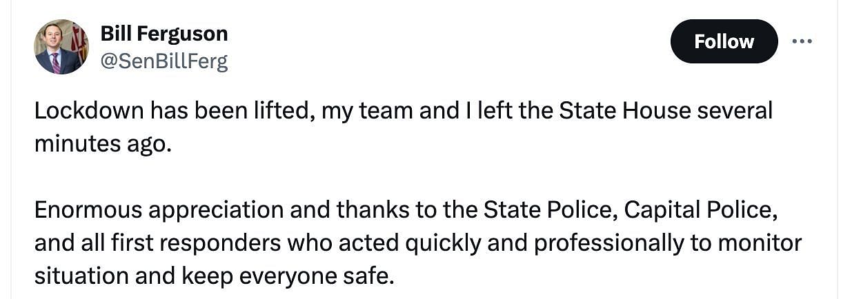 Social media users left shocked as an anonymous call threatening officials inside the government building turned out to be a hoax call. (Image via Bill Ferguson/ X)