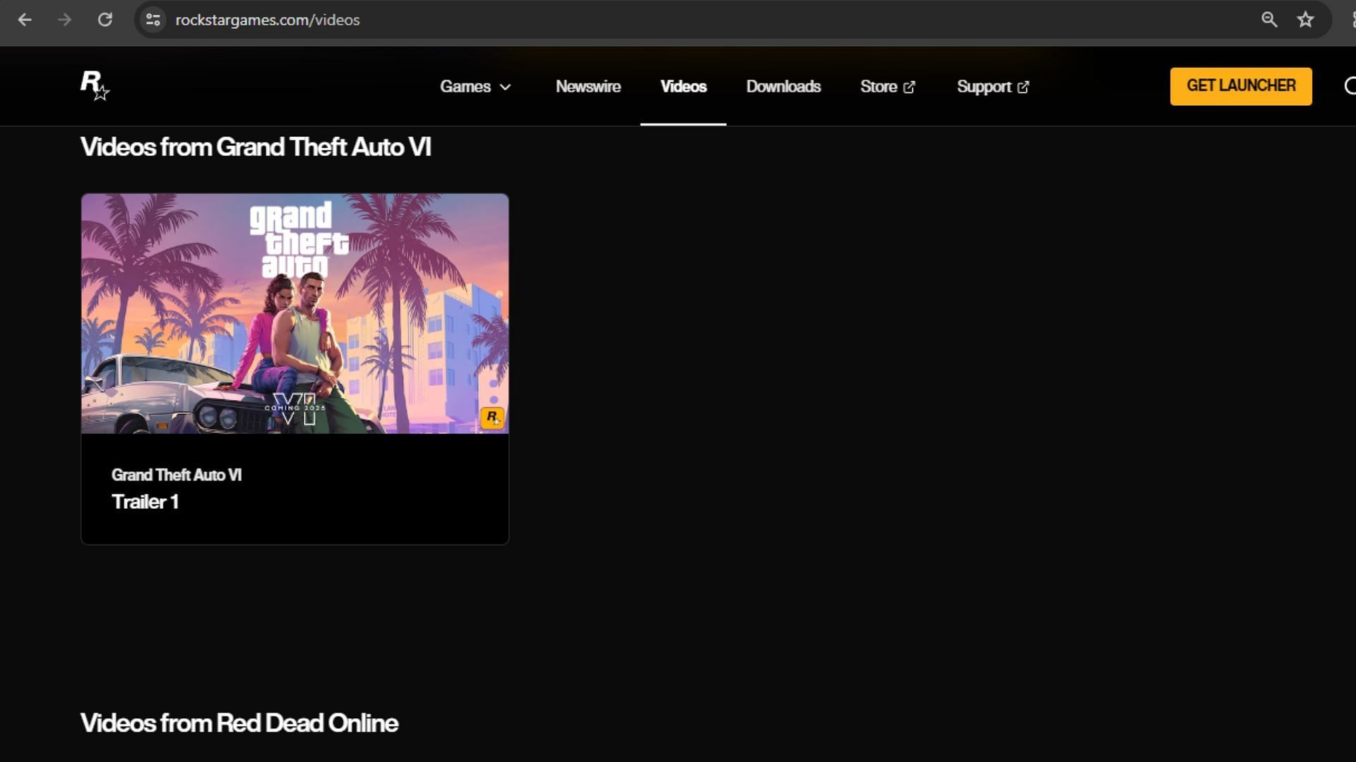 A screenshot of the Rockstar Games&#039; new Videos tab on its website (Image via Rockstar Games)