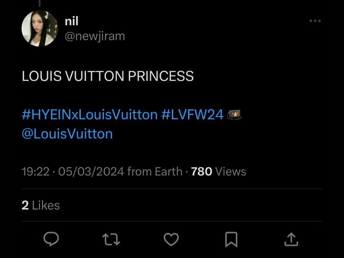 Fans praise Hyein&#039;s look for the Louis Vuitton Fall/Winter Paris Fashion Week 2024 (Image via X/K Pop charts)