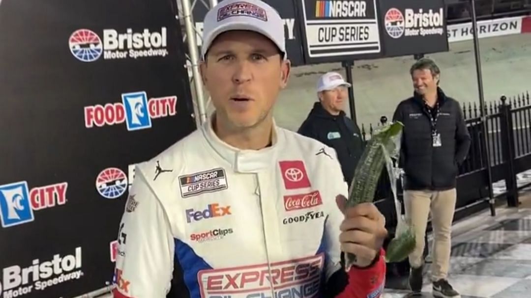 Denny Hamlin celebrates with a cucumber following his Bristol win (Image from X)