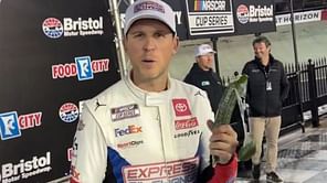 WATCH: Denny Hamlin tests Bristol sword, chops cucumbers in victory lane on NASCAR fan's demand