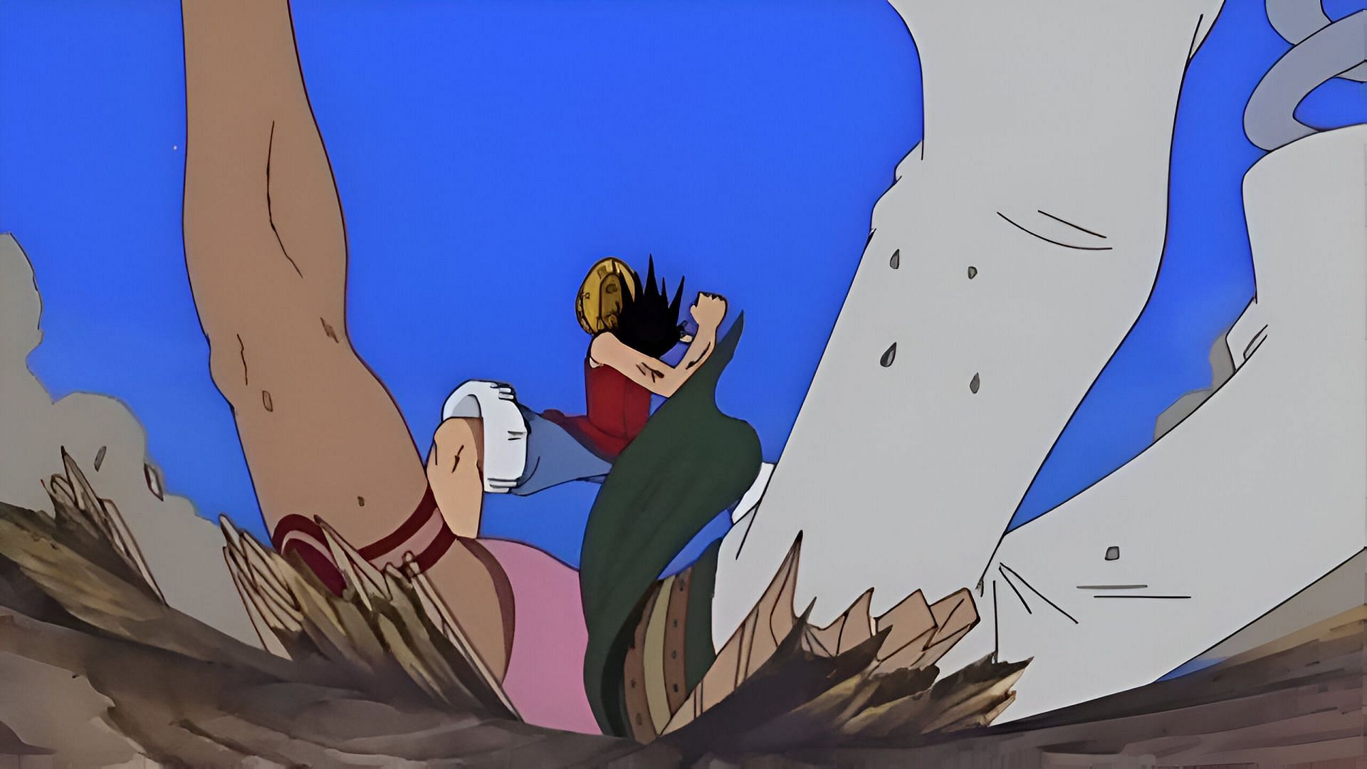 Luffy (standing) and Bellamy (on the ground) (Image via Toei Animation)