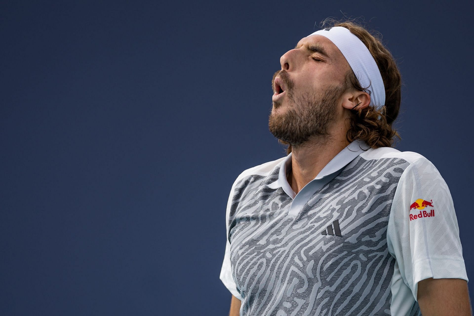 Stefanos Tsitsipas reacts during his Miami Open second-round loss