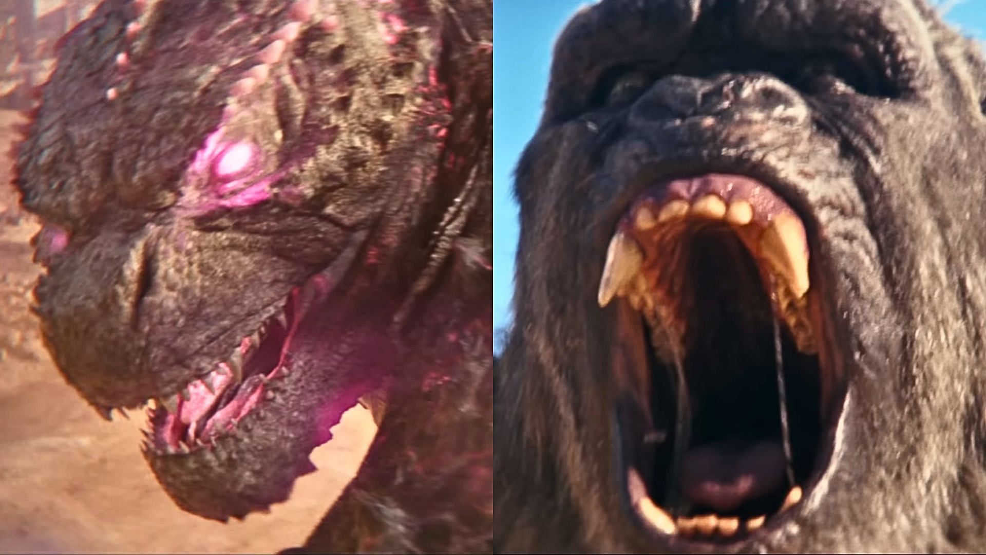 Godzilla x Kong: The New Empire features Godzilla (L) and Kong (R) facing off against a colossal threat (Images via YouTube/Warner Bros. 2:15 and 2:17)