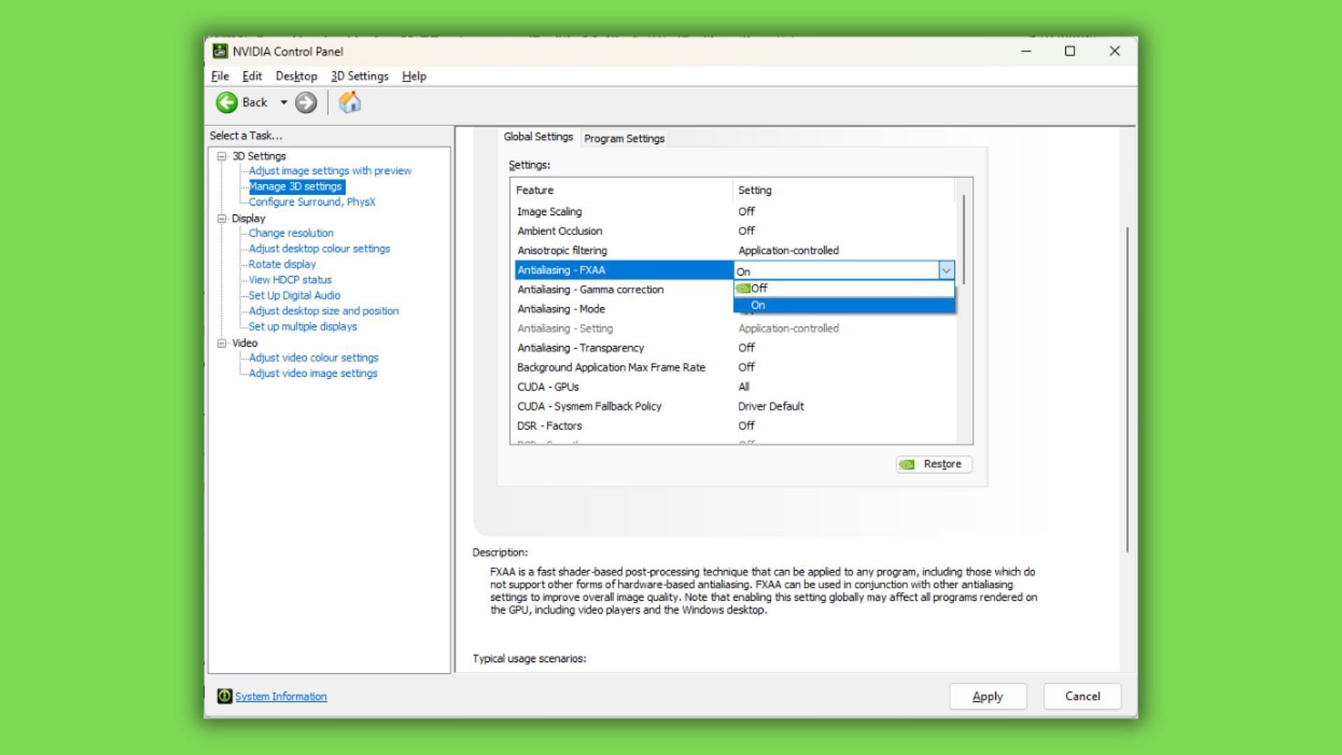 FXAA antialiasing setting provides smoother graphics while maintaining performance (Image via Nvidia)