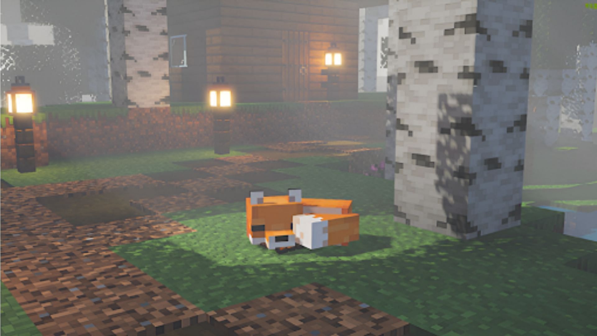 A fox rests in Minecraft with Poggy&rsquo;s Luminous Dreams shaders enabled (Image via XxPoggyisLitxX/MCPEDL)