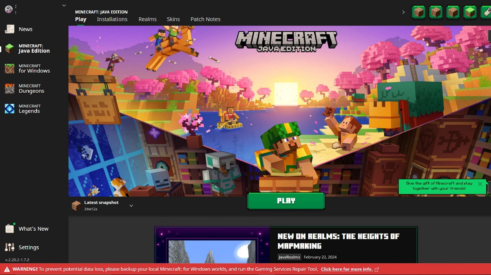 The Minecraft Launcher provides quick access to Snapshot 24w12a and beyond (Image via Mojang)