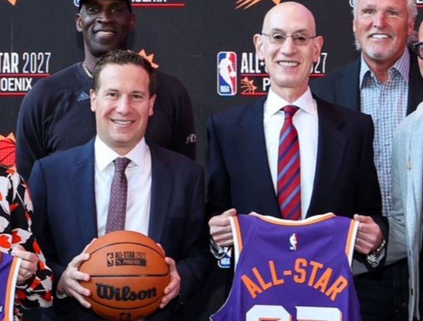 NBA Commissioner Adam Silver (R) alarms Phoenix Suns owner Mat Ishbia (L) about regulations in place following roster splurge.