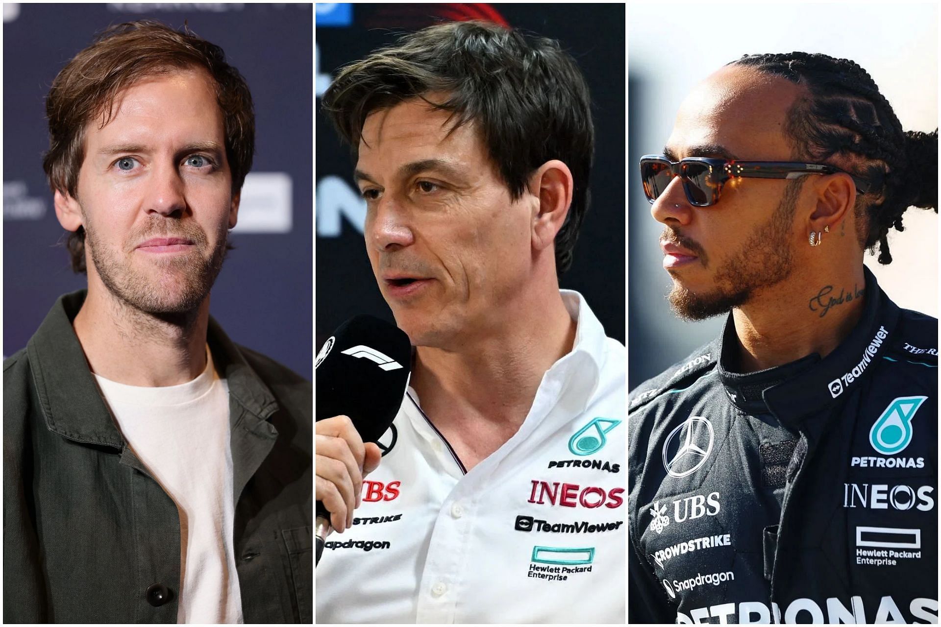 Sebastian Vettel (L), Toto Wolff (C), and Lewis Hamilton (R) (Collage via Sportskeeda)