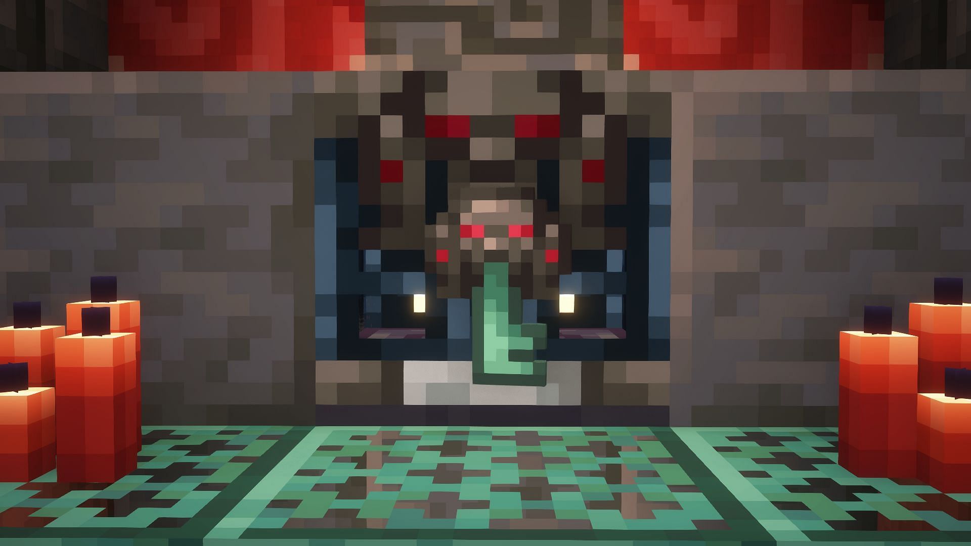 An ominous trial key next to an ominous vault in Minecraft. (Image via Mojang)