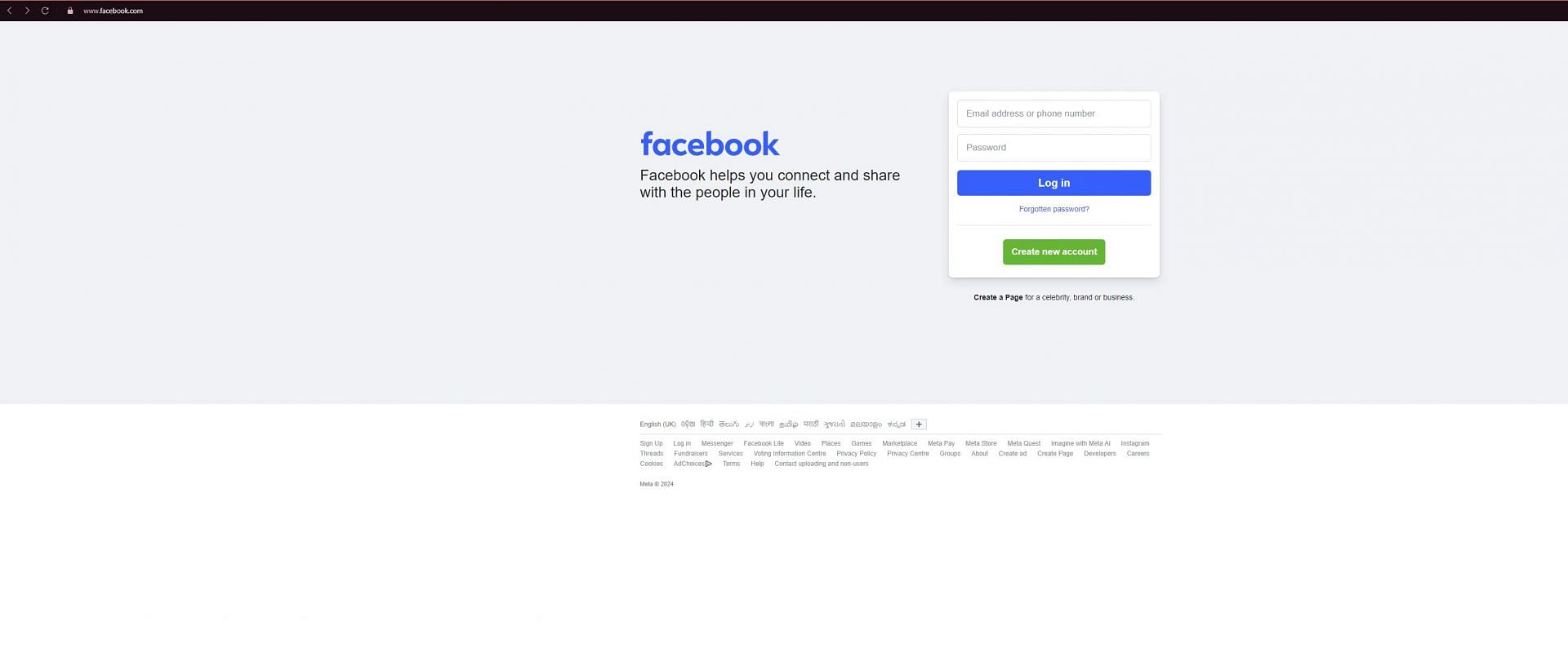 Facebook is stuck on the login page (Image via Facebook)