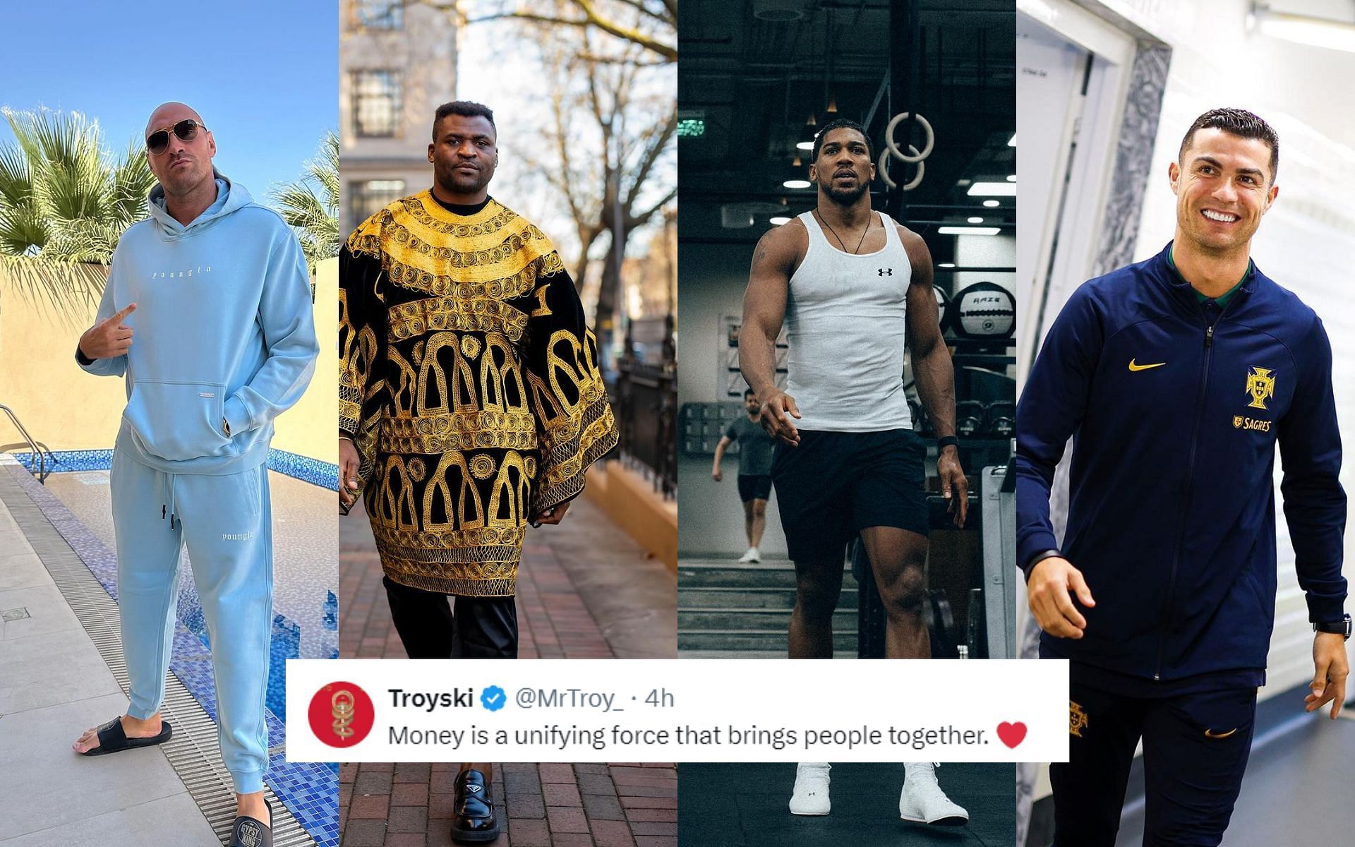 Fans react to the meet up between Tyson Fury (left), Francis Ngannou (Center), Anthony Joshua (center) and Cristiano Ronaldo (right) [Image via: @tysonfury, @francisngannou, @anthonyjoshua and @cristiano on Instagram]