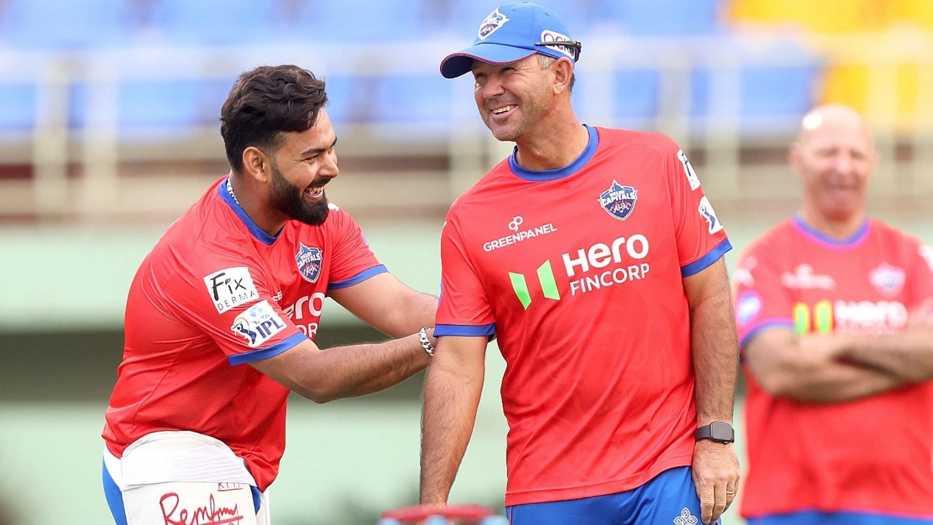 Rishabh Pant (L) &amp; Ricky Ponting sharing a laugh ahead of IPL 2024