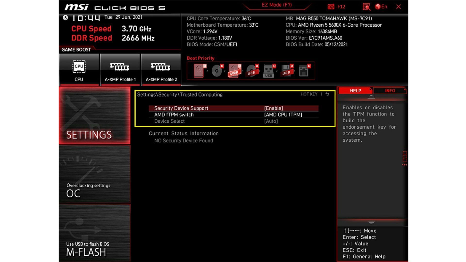 Enabling TPM in BIOS (Image via MSI)