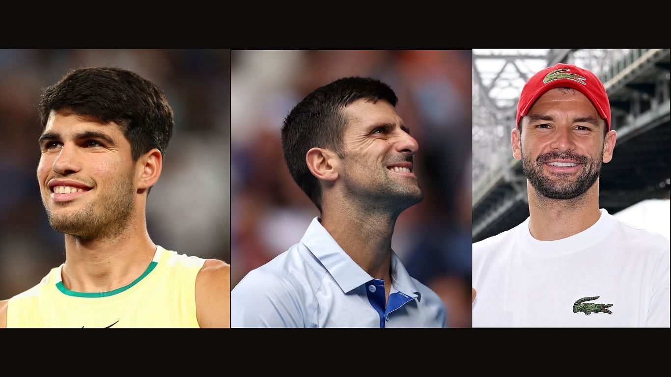 Carlos Alcaraz(left) Novak Djokovic(center) and Grigor Dimitrov(right)