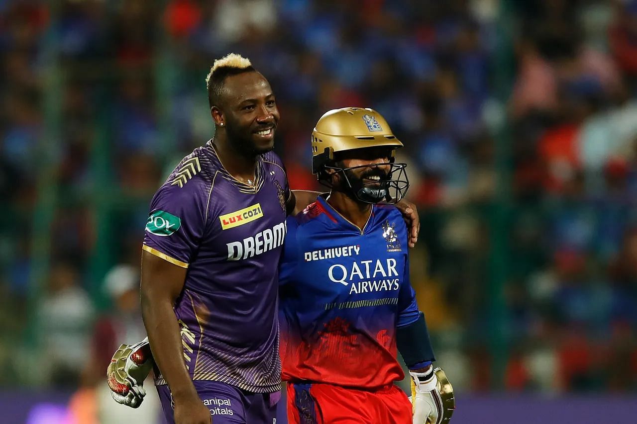 Andre Russell (L) and Dinesh Karthik (R) after their battle. (PC: BCCI)