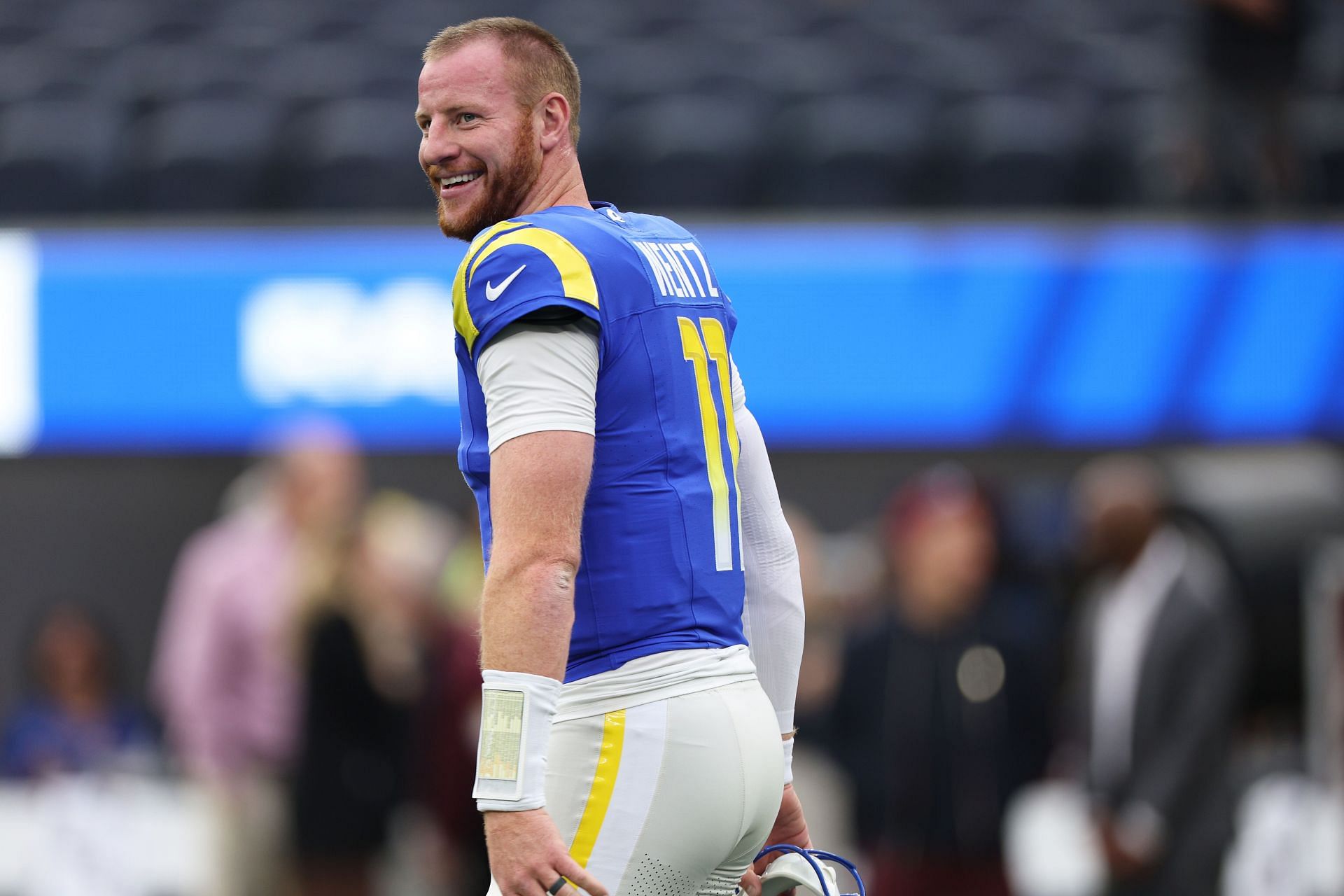 Quarterback Carson Wentz played for the Los Angeles Rams during the 2023 NFL season.