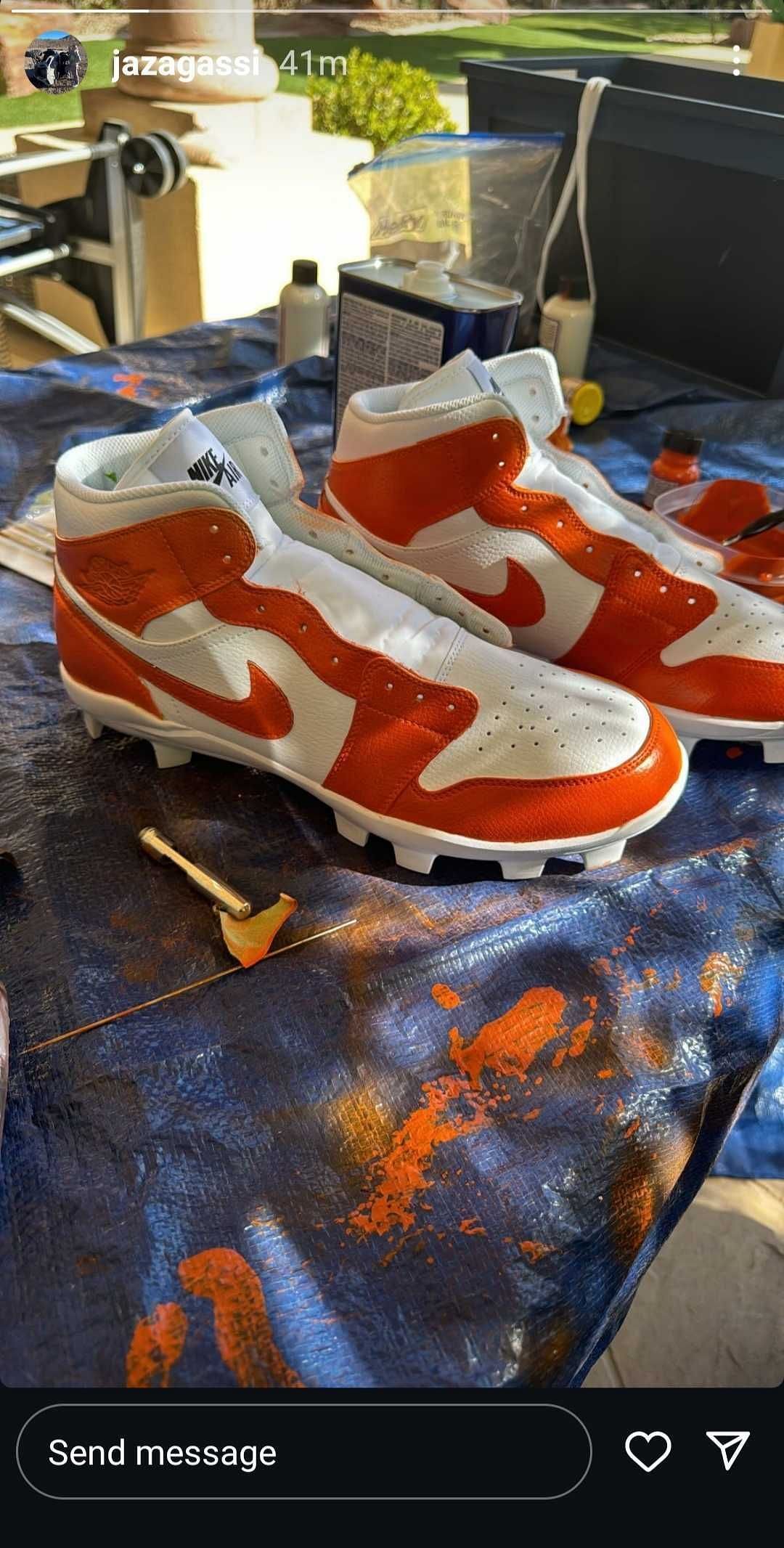 Andre Agassi&#039;s daughter Jaz Elle&#039;s Instagram post featuring a reworked pair of old white Nike Air football boots