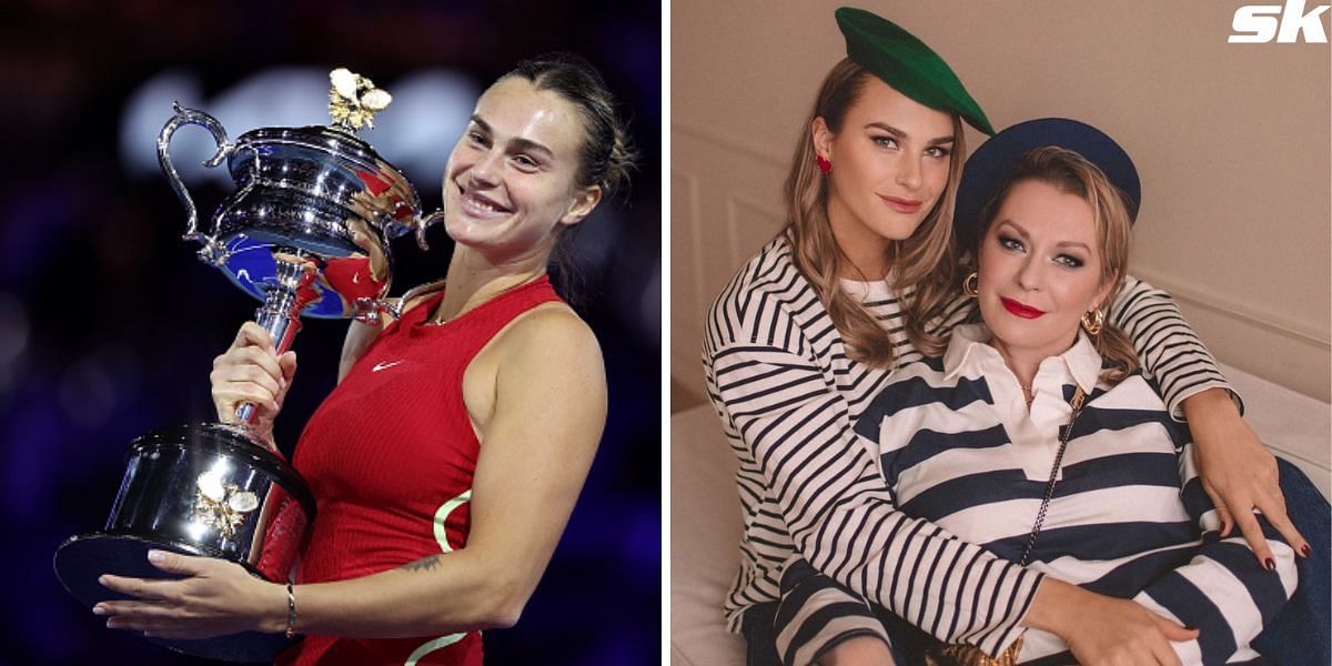 Aryna Sabalenka with her 2024 Australian Open trophy (L) and Sabalenka with her mother Yuliya (R)