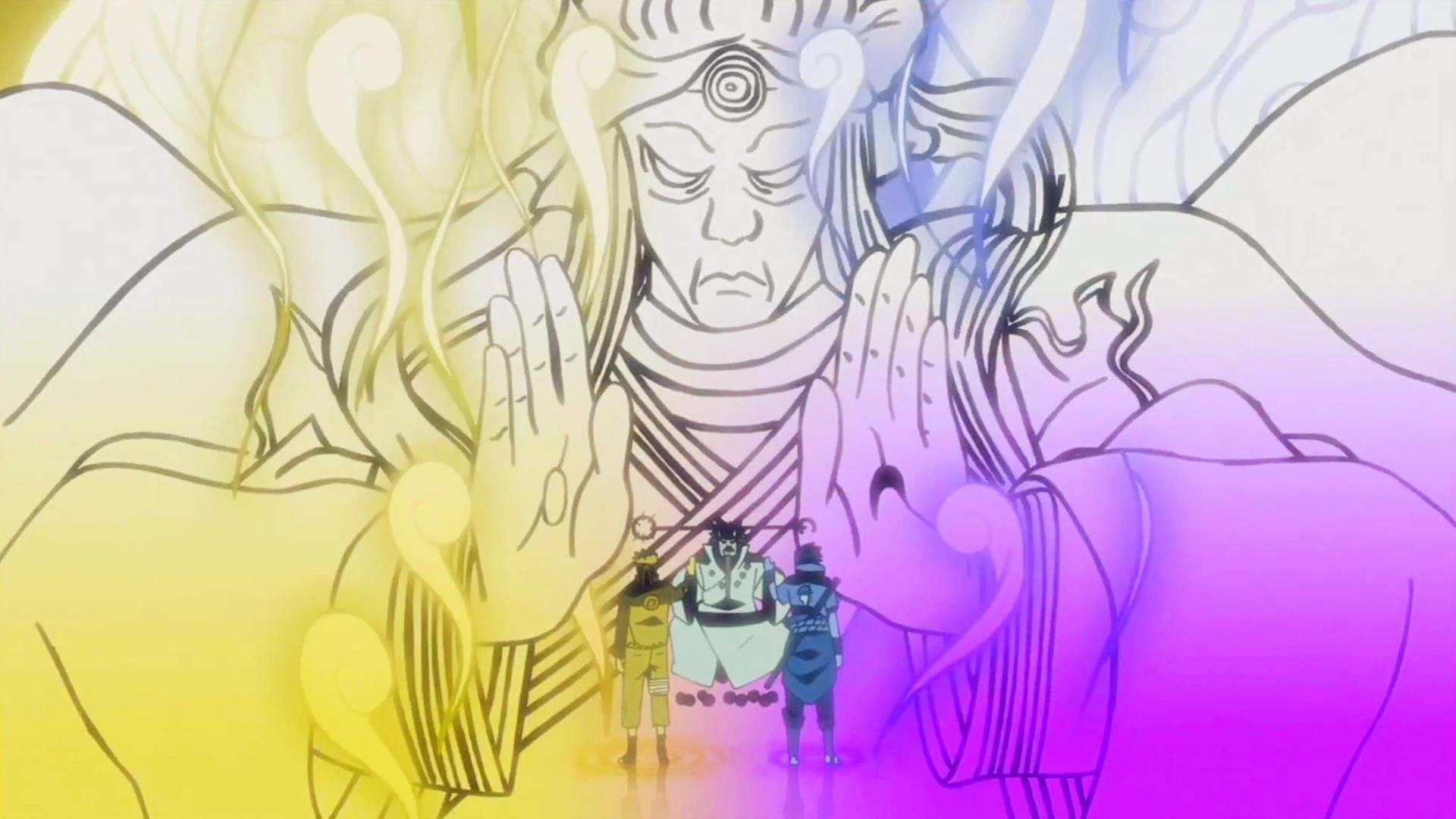 Hagoromo Otsutsuki gives the Sage of Six Paths powers to Naruto and Sasuke (Image via Studio Pierrot)