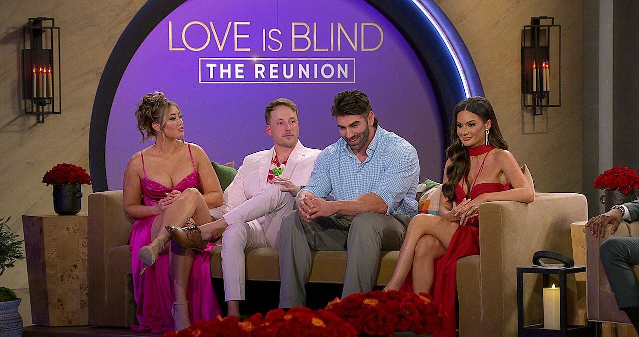 Trevor, Jess, Jeramey and Sarah Ann on the Love is Blind season 6 reunion (Image via Tudum by Netflix)